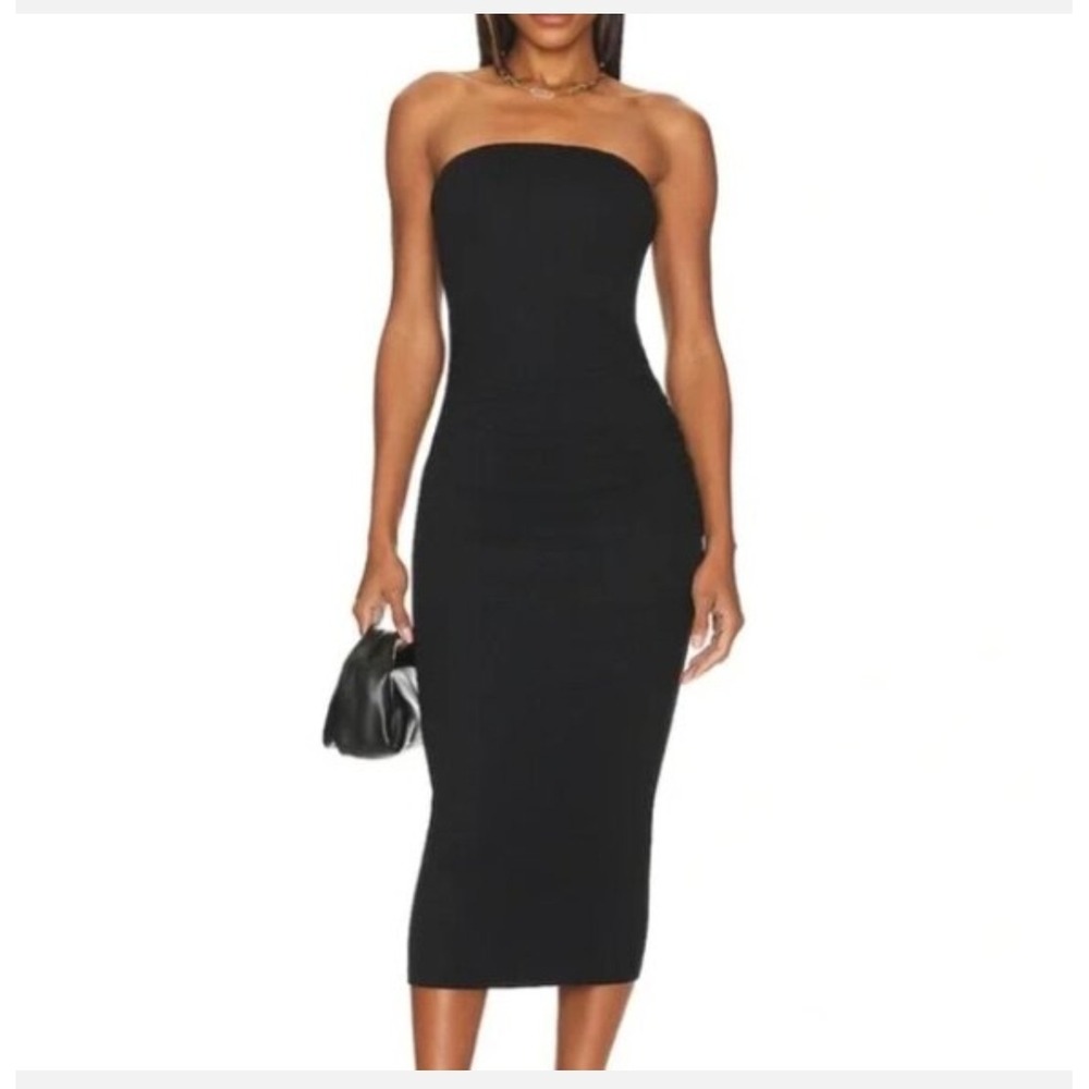 Michael Stars Rosella‎ Black Strapless Ruched Midi Dress Sz MP Ultra Rib Knit